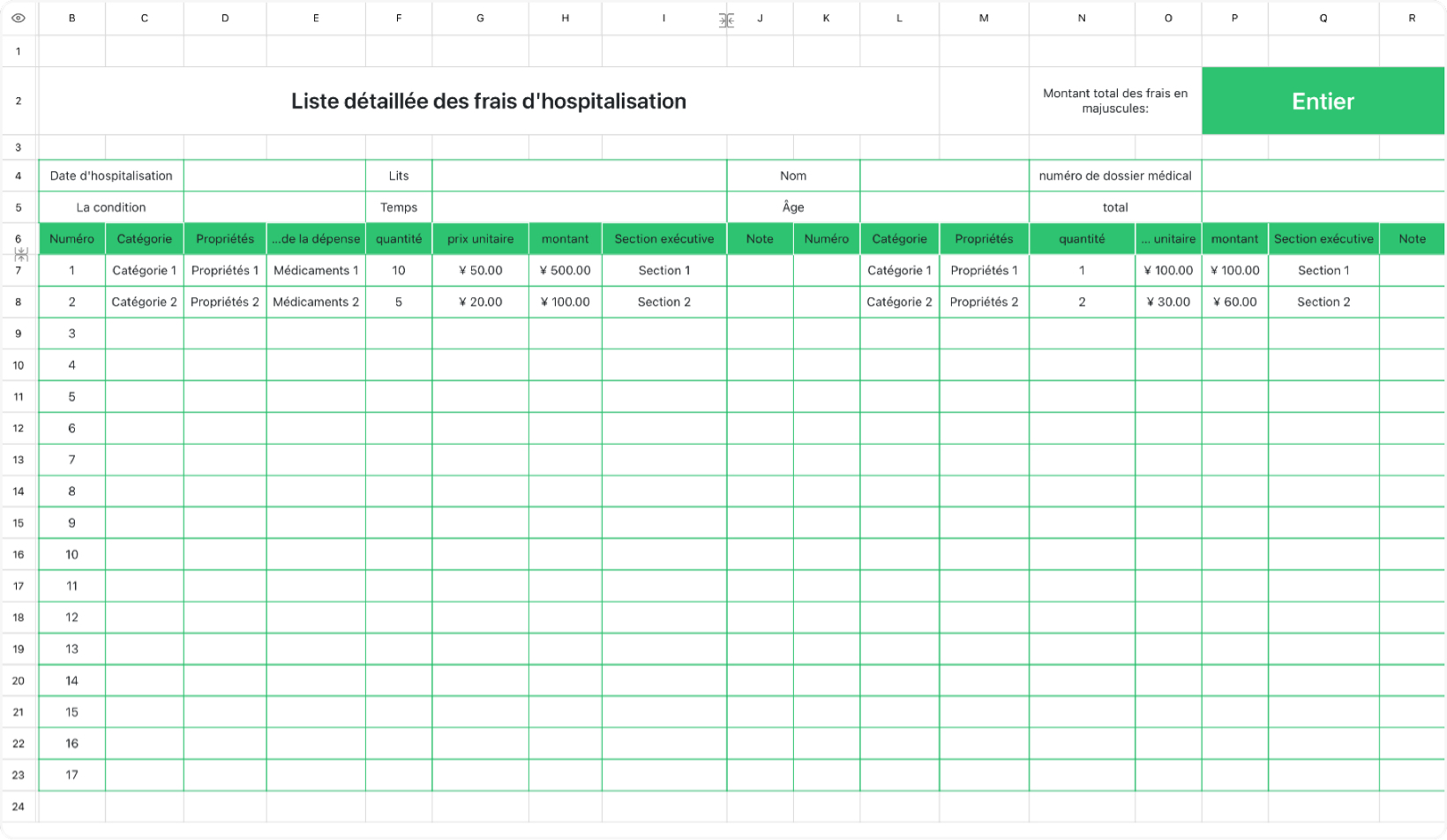 Liste détaillée des frais d'hospitalisation